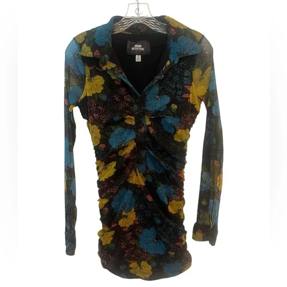 Urban Outfitters Metallic Mesh Mini Dress Small Whimsygoth Y2K Floral Cinched - Picture 5 of 8